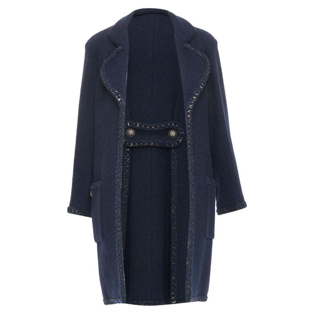 CHANEL 2015 Paris Salzburg navy alpaca blend braid trim open tweed coat FR34 XS